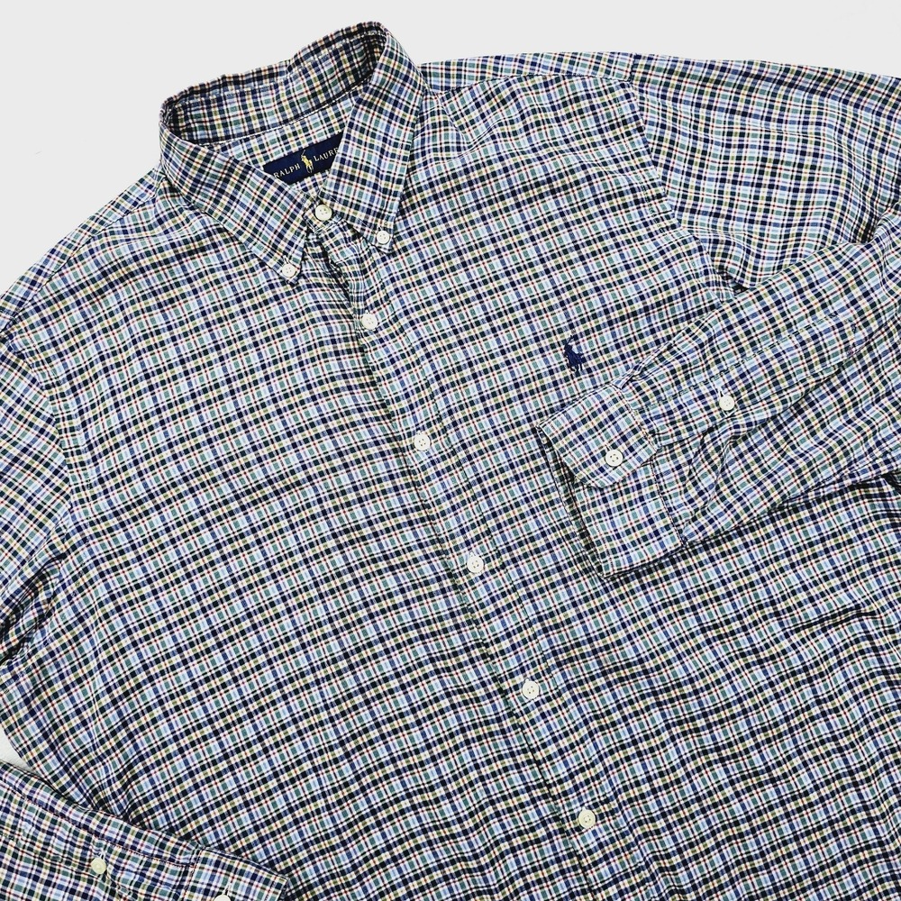 Ralph Lauren Shirt Mens XL Green Blue Plaid‎ Long Sleeve Button Down Pony Logo